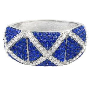 Wide Royal Blue Rhinestone Formal Statement Hinged Bangle Bracelet